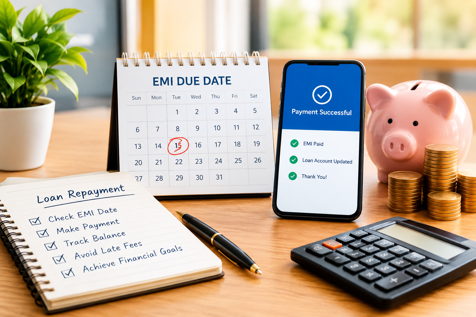 Instant loan repayment concept with EMI due date calendar, successful payment screen, calculator, coins, and savings piggy bank on a modern desk.